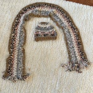 Steve Madden Textured Knit Scarf and Hat Set - Brown, Cream, Pink